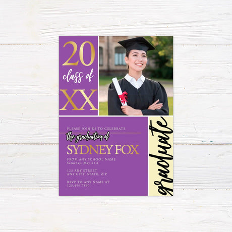 Alt text: Graduation invitation featuring bold custom color blocks and one photo on the front. One block displays the year, another highlights "graduate," and the third contains the graduation details. The back includes three additional photos. The design is customizable to match school colors. Purple and Gold.