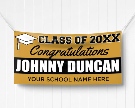 Custom graduation banner with bold graduate name, class of 20XX, and a mortarboard icon. Perfect for graduation parties, ceremonies, and celebrations. gold and black