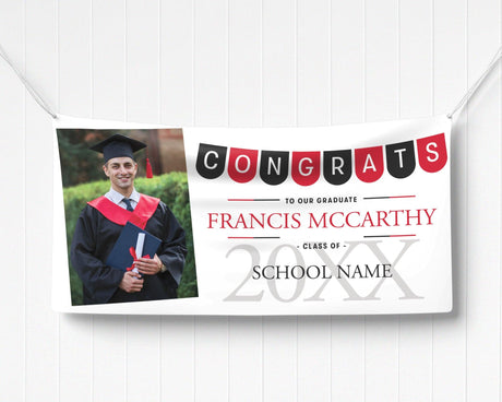 Graduation vinyl banner featuring a festive "Congrats" pennant banner, graduate photo, bold class year, and customizable school name in elegant text. black and red