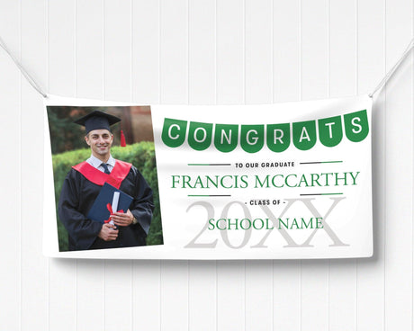 Graduation vinyl banner featuring a festive "Congrats" pennant banner, graduate photo, bold class year, and customizable school name in elegant text. green