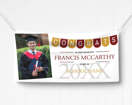 Graduation vinyl banner featuring a festive "Congrats" pennant banner, graduate photo, bold class year, and customizable school name in elegant text.brown and gold