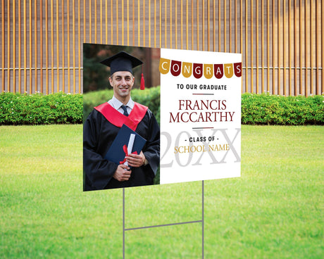 Custom graduation yard sign with photo featuring a Congrats banner in maroon and gold, graduate's name, school name, and class year. Printed on durable Coreplast plastic, available in single or double-sided print, perfect for high school and college graduates.