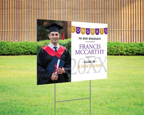 Custom graduation yard sign with photo featuring a Congrats banner in purple and gold, graduate's name, school name, and class year. Printed on durable Coreplast plastic, available in single or double-sided print, perfect for high school and college graduates.