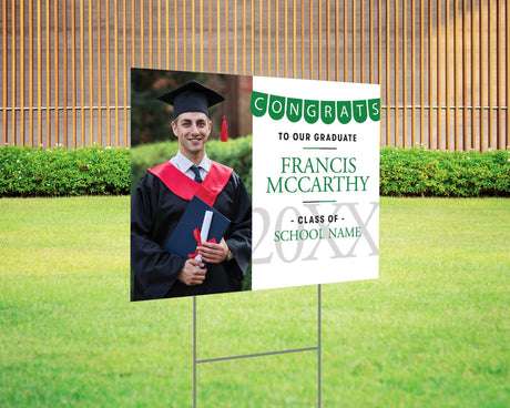 Custom graduation yard sign with photo featuring a Congrats banner in green graduate's name, school name, and class year. Printed on durable Coreplast plastic, available in single or double-sided print, perfect for high school and college graduates.