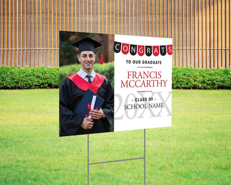 Custom graduation yard sign with photo featuring a Congrats banner in red and black graduate's name, school name, and class year. Printed on durable Coreplast plastic, available in single or double-sided print, perfect for high school and college graduates.