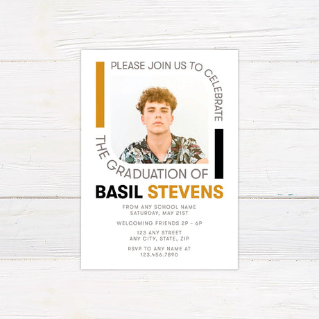 Modern graduation invitation with bold typography, curved text around a photo, and customizable color accents. Features a contemporary layout with a stylish design. Four additional photos 
on the back. Gold and Black.