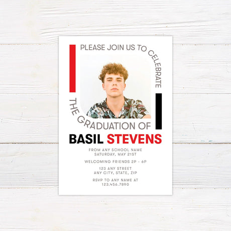 Modern graduation invitation with bold typography, curved text around a photo, and customizable color accents. Features a contemporary layout with a stylish design. Four additional photos 
on the back. Red and Black.