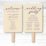 Elegant wedding or event program fans displaying ceremony details and wedding party roles on stylish paper fans.