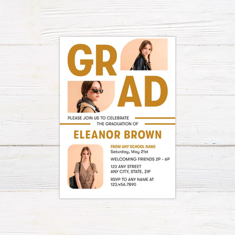 Bold and modern graduation invitation featuring large "GRAD" text integrated with photos. The invite layout includes the graduate's details below in a clean and stylish design. The color is customizable to match the graduate's school. The back of the invitation showcases the graduation year in a bold font for a striking finish. Gold.