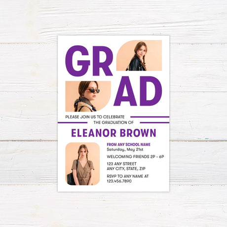 Bold and modern graduation invitation featuring large "GRAD" text integrated with photos. The invite layout includes the graduate's details below in a clean and stylish design. The color is customizable to match the graduate's school. The back of the invitation showcases the graduation year in a bold font for a striking finish. Purple.