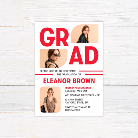 Bold and modern graduation invitation featuring large "GRAD" text integrated with photos. The invite layout includes the graduate's details below in a clean and stylish design. The color is customizable to match the graduate's school. The back of the invitation showcases the graduation year in a bold font for a striking finish. Red.