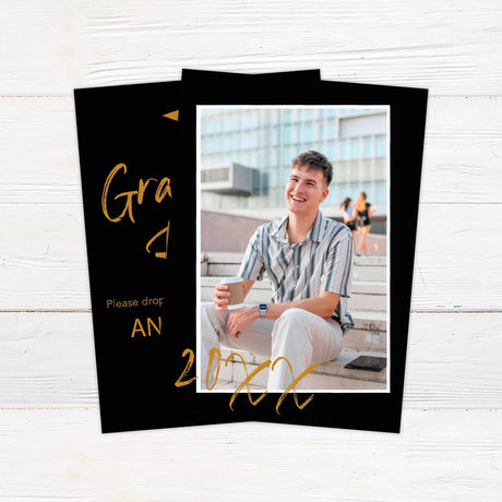 Custom printed graduation party invitation featuring an elegant mortarboard cap icon and stylish script typography, personalized with graduate's name, event date, time, and location. Available in custom colors, perfect for high school and college graduation celebrations. black and orange photo back