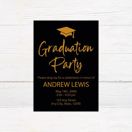 Custom printed graduation party invitation featuring an elegant mortarboard cap icon and stylish script typography, personalized with graduate's name, event date, time, and location. Available in custom colors, perfect for high school and college graduation celebrations. black and orange