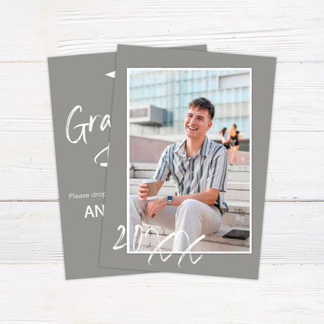 Custom printed graduation party invitation featuring an elegant mortarboard cap icon and stylish script typography, personalized with graduate's name, event date, time, and location. Available in custom colors, perfect for high school and college graduation celebrations. gray photo back