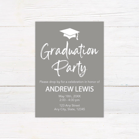 Custom printed graduation party invitation featuring an elegant mortarboard cap icon and stylish script typography, personalized with graduate's name, event date, time, and location. Available in custom colors, perfect for high school and college graduation celebrations. gray