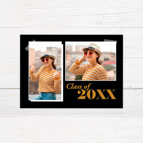 Custom graduation invitation with a modern color block design. The front features one photo on the left and graduation details on the right, with the graduate's name in bold lowercase letters. The back includes two additional photos in a color block layout with "Class of 2025" in the bottom right corner. Gold.