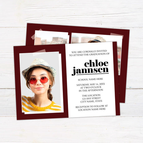 Custom graduation invitation with a modern color block design. The front features one photo on the left and graduation details on the right, with the graduate's name in bold lowercase letters. The back includes two additional photos in a color block layout with "Class of 2025" in the bottom right corner.  Front Maroon.