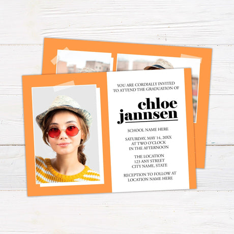 Custom graduation invitation with a modern color block design. The front features one photo on the left and graduation details on the right, with the graduate's name in bold lowercase letters. The back includes two additional photos in a color block layout with "Class of 2025" in the bottom right corner. Front Orange.