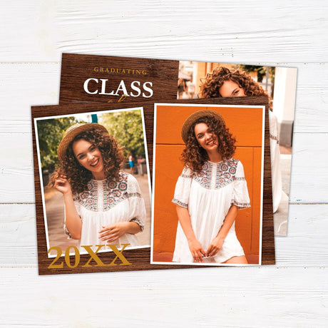 Personalized rustic wood graduation announcement featuring a split design with a senior portrait on one side and bold event details on the other. The dark wood background adds a rustic and elegant touch, complementing the modern typography for a stylish look. Professionally printed on high-quality cardstock, this customized grad invite is perfect for high school, college, or university graduates. gold back