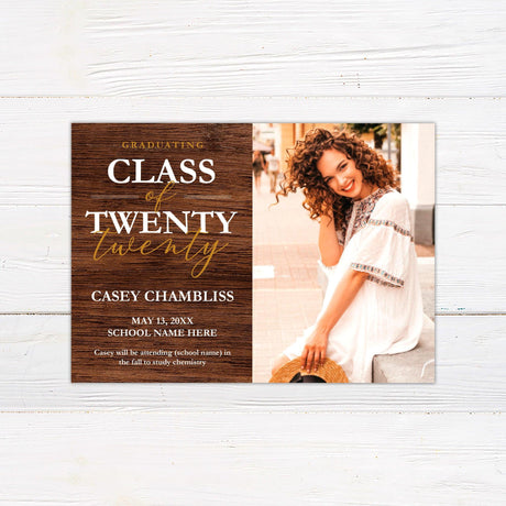 Personalized rustic wood graduation announcement featuring a split design with a senior portrait on one side and bold event details on the other. The dark wood background adds a rustic and elegant touch, complementing the modern typography for a stylish look. Professionally printed on high-quality cardstock, this customized grad invite is perfect for high school, college, or university graduates. gold