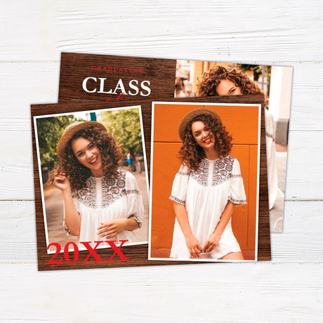 Personalized rustic wood graduation announcement featuring a split design with a senior portrait on one side and bold event details on the other. The dark wood background adds a rustic and elegant touch, complementing the modern typography for a stylish look. Professionally printed on high-quality cardstock, this customized grad invite is perfect for high school, college, or university graduates. red back