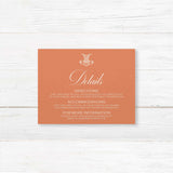 Terracotta wedding detail card with white serif text for printed event information