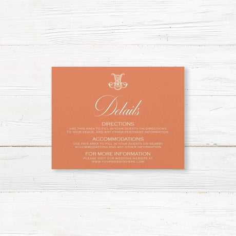 Terracotta wedding detail card with white serif text for printed event information