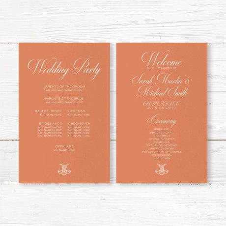 Terracotta wedding program with white text and ornate monogram header