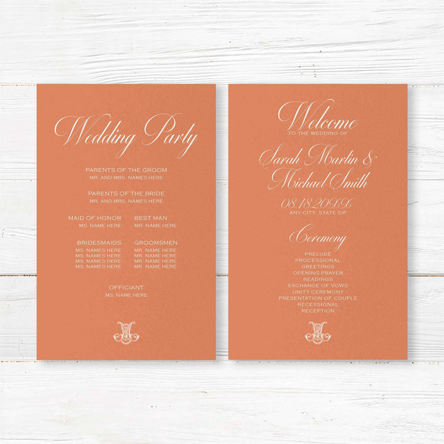 Terracotta wedding program with white text and ornate monogram header