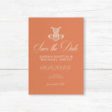 Terracotta save the date card with white script and ornate Celtic initial monogram