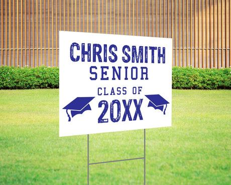 Custom graduation yard sign with a distressed-style font in bold red, featuring personalized senior name, class year, and graduation cap icons. Printed on durable Coreplast plastic, available in custom colors and single or double-sided print, perfect for high school and college graduates. Blue