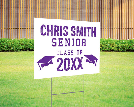 Custom graduation yard sign with a distressed-style font in bold red, featuring personalized senior name, class year, and graduation cap icons. Printed on durable Coreplast plastic, available in custom colors and single or double-sided print, perfect for high school and college graduates. Purple