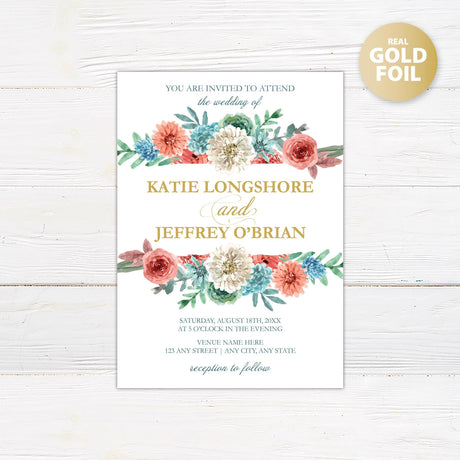 Dusty Blue Coral Floral Foil Invitation - goprintplus