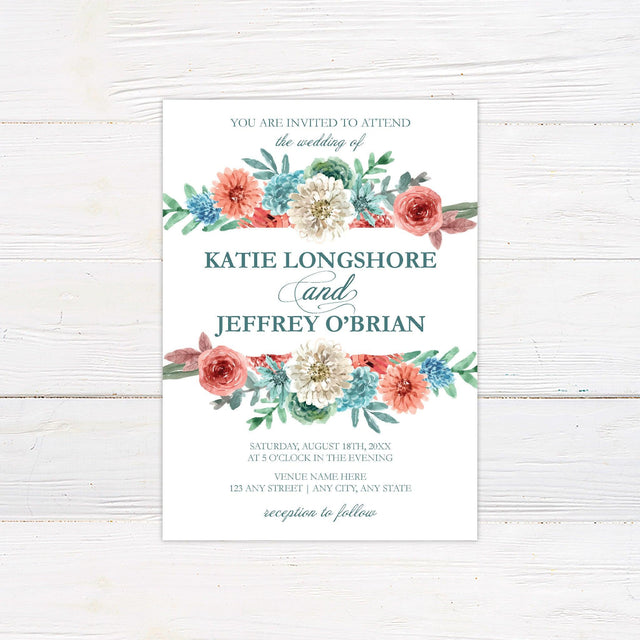 Dusty Blue Coral Floral Invitation - goprintplus