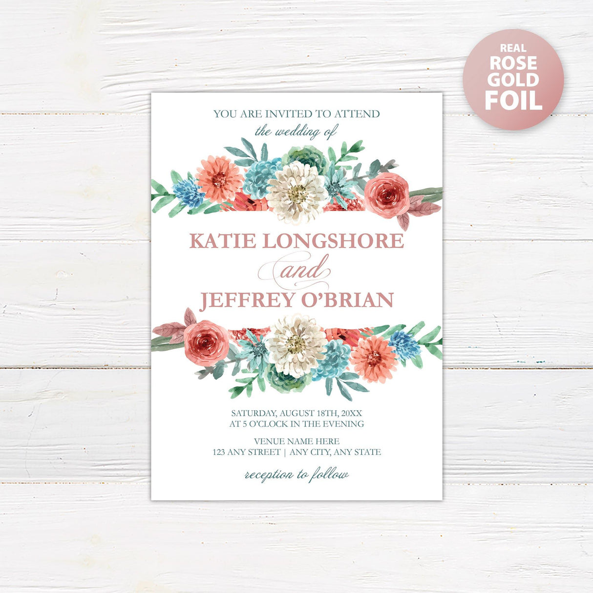 Dusty Blue Coral Floral Foil Invitation - goprintplus