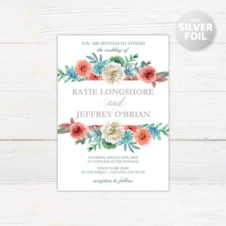 Dusty Blue Coral Floral Foil Invitation - goprintplus