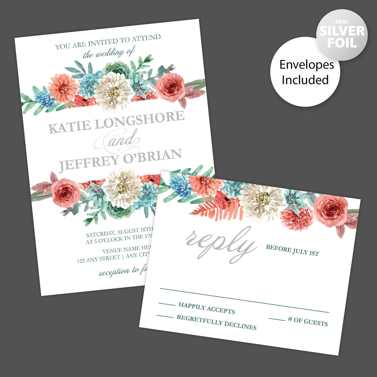 Dusty Blue Coral Floral Foil Invitation - goprintplus