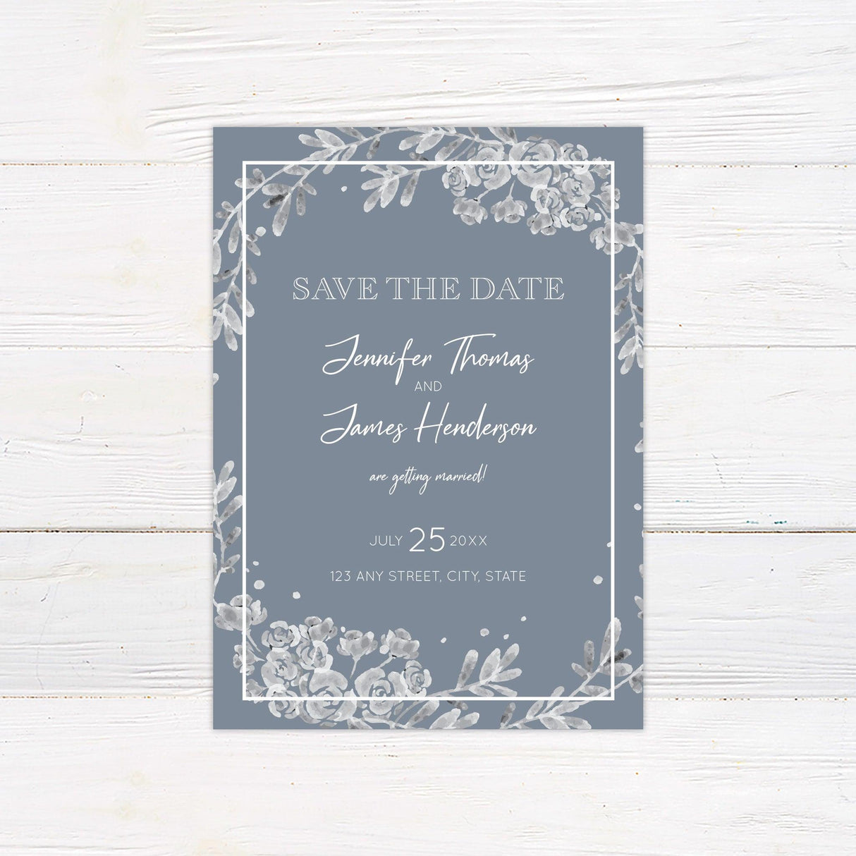 Dusty Blue Gray Floral Save The Date - goprintplus