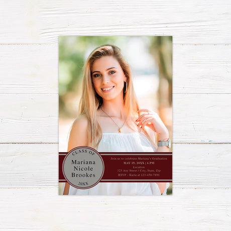 Elegant graduation invitation featuring a large full-photo background with a bold horizontal band across the bottom for event details. The band includes a circular "Class Of" emblem for a stylish touch. The back of the invitation is fully customizable with space for additional photos or messages. The color of the band can be customized to match the graduate’s school colors. Maroon.