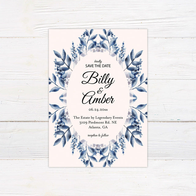 Elegant Blue Watercolor Leaves Save The Date - goprintplus