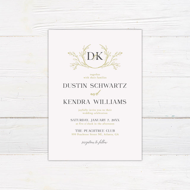 Elegant Gold Wreath Monogram Invitations - goprintplus