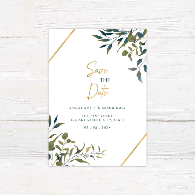 Elegant Green Leaves Save The Date - goprintplus