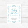 Elegant Ribbons Baby Shower Invitation with blue script and ribbon border, featuring event details for mom-to-be, Nicole Hudson.