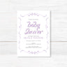 Elegant Ribbons Baby Shower Invitation with hand-lettered script and whimsical ribbon border on a wood background.