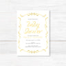 Elegant Ribbons Baby Shower Invitation with gold hand-lettered script and ribbon border on wood background, celebrating mom-to-be Nicole.