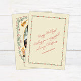 Personalized Christmas photo card featuring an oval family photo surrounded by nutcrackers, greenery, berries, bows, and musical instruments. back