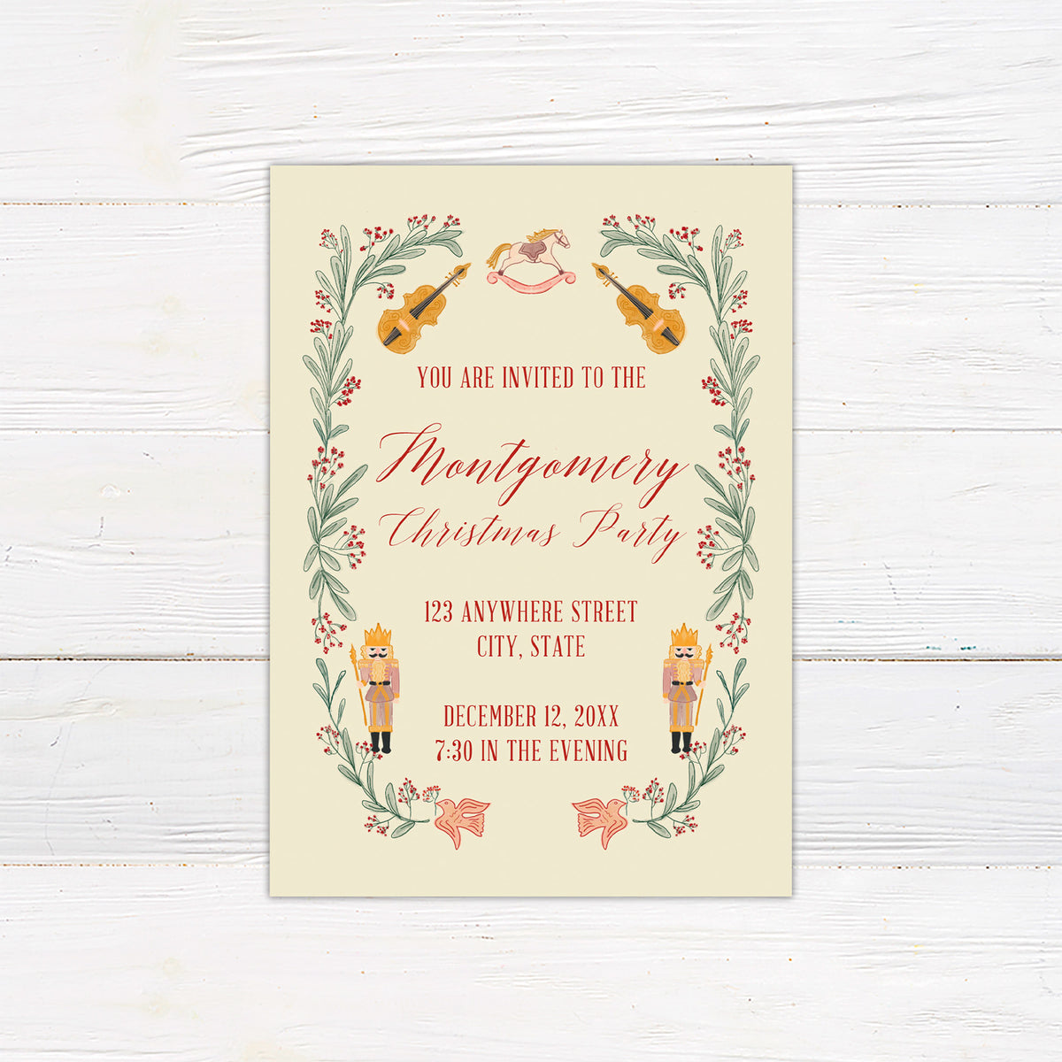 Vintage nutcracker Christmas party invitation with nutcrackers, greenery, red berries, musical instruments, and a rocking horse. The cream invitation features red lettering and personalized party details.