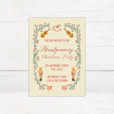 Vintage nutcracker Christmas party invitation with nutcrackers, greenery, red berries, musical instruments, and a rocking horse. The cream invitation features red lettering and personalized party details.
