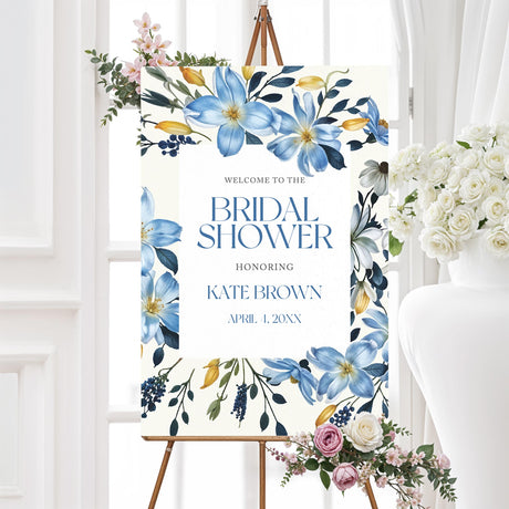 Bridal shower welcome sign featuring watercolor blue, gold, and ivory flowers, printed on high-quality material for elegant event décor.