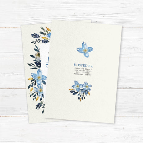 Bridal shower invitation featuring watercolor blue, gold, and ivory flowers with a modern elegant design, printed on premium cardstock. Back